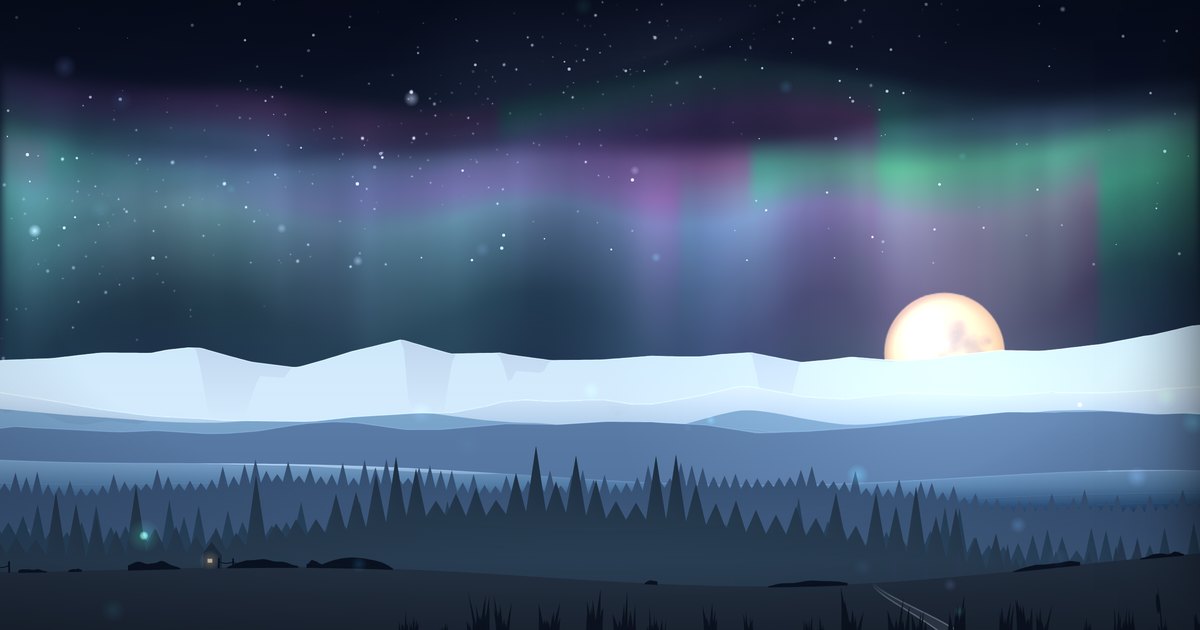The aurora over snowy Cairngorm peaks with a rising moon, a still from Sophie Kazandjian's night-sky music visualiser.